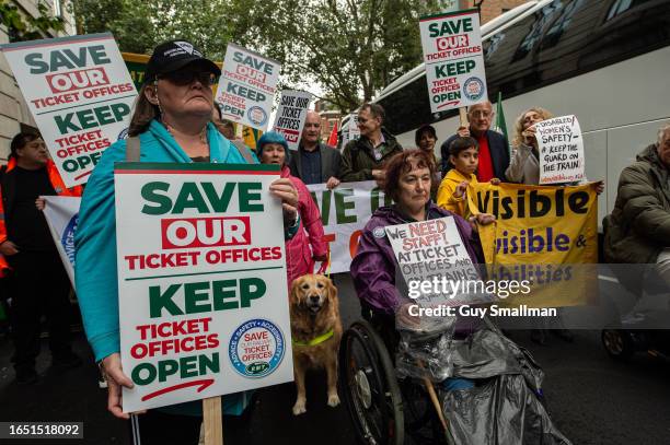 Demonstrators led by disability rights campaigners marche towards Parliament on August 31, 2023 in London, United Kingdom. Members of the RMT union...