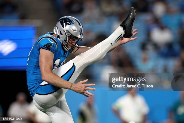 Johnny Hekker of the Carolina Panthers attempts a punt during the second half of a preseason game against the Detroit Lions at Bank of America...