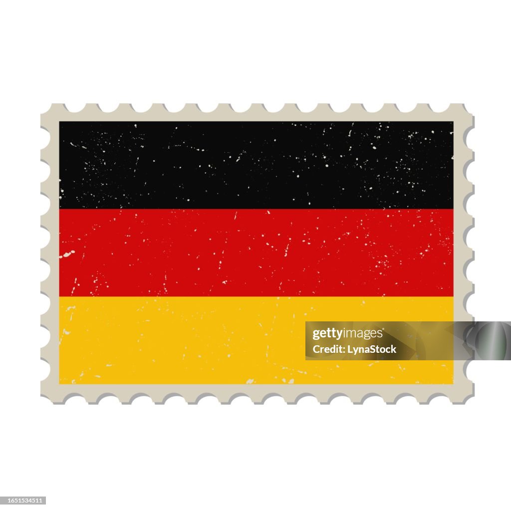 Deutschland Grunge Briefmarke. Weinlese-Postkartenvektorillustration mit deutscher Nationalflagge lokalisiert auf weißem Hintergrund. Retro-Stil.