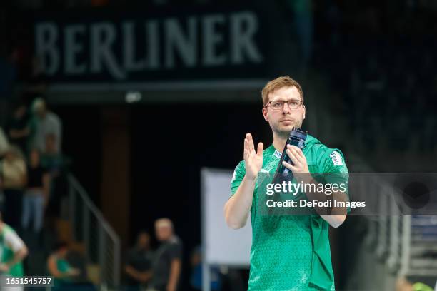 Head coach Jaron Siewert of Fuechse Berlin looks on during the Handball-Bundesliga match between Füchse Berlin and SC Magdeburg at Max-Schmeling Hall...