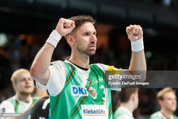 Fabian Wiede of Fuechse Berlin celebrates during the Handball-Bundesliga match between Füchse Berlin and SC Magdeburg at Max-Schmeling Hall on...