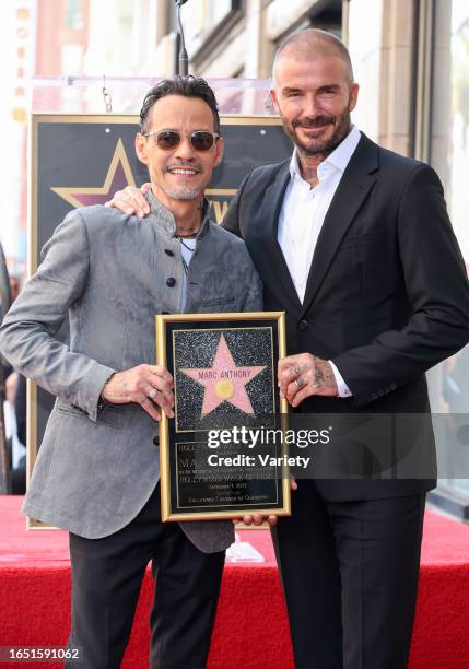 Marc Anthony and David Beckham at the star ceremony where Marc Anthony is honored with a star on the Hollywood Walk of Fame in Los Angeles,...