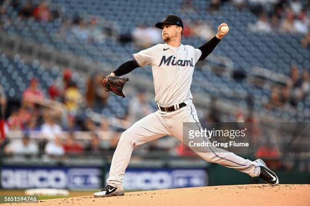 Braxton Garrett of the Miami Marlins pitches in the first inning against the Washington Nationals at Nationals Park on August 31, 2023 in Washington,...