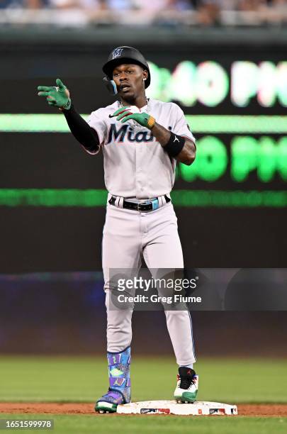 Jazz Chisholm Jr. #2 of the Miami Marlins celebrates after hitting a double in the third inning against the Washington Nationals at Nationals Park on...