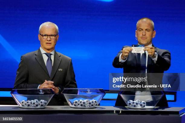 Special Guest Joe Cole draws out the name of Club Atletico de Madrid during the UEFA Champions League 2023/24 Group Stage Draw at Grimaldi Forum on...