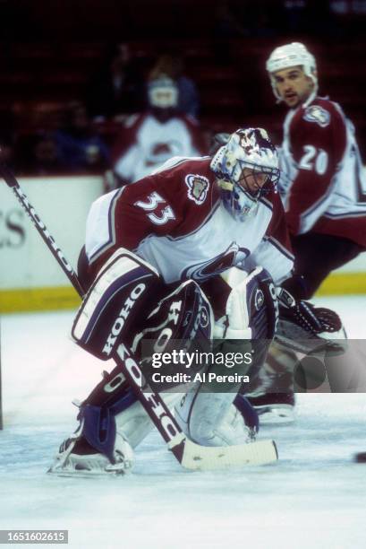 Goalie Patrick Roy of the Colorado Avalanche makes a save during the game betweent the St. Louis Blues vs the Colorado Avalanche at McNichols Sports...