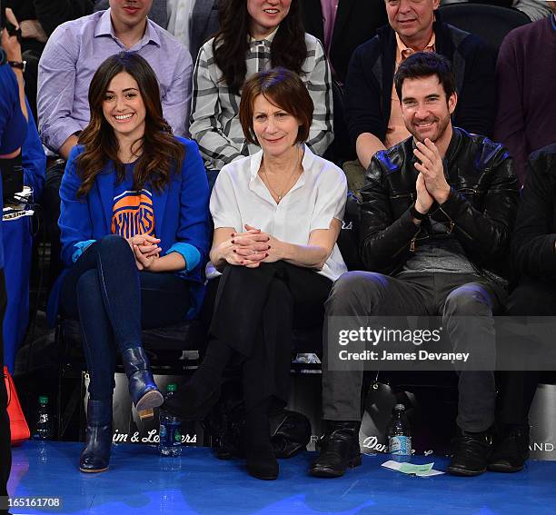 Emmy Rossum, Cheryl Rossum and Dylan McDermott attend the Boston Celtics vs New York Knicks game at Madison Square Garden on March 31, 2013 in New...