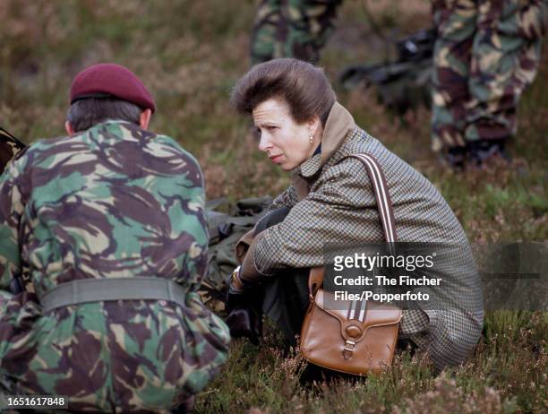 Princess Anne as Colonel-in-Chief of the Royal Signal Corps visiting Hankley Common, Elstead, Surrey, circa October 1991.
