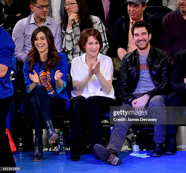 Emmy Rossum, Cheryl Rossum and Dylan McDermott attend the Boston Celtics vs New York Knicks game at Madison Square Garden on March 31, 2013 in New...