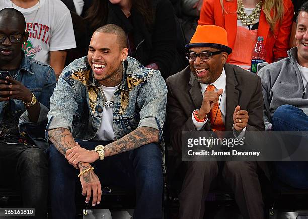 Chris Brown and Spike Lee attend the Boston Celtics vs New York Knicks game at Madison Square Garden on March 31, 2013 in New York City.
