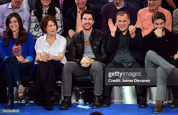 Emmy Rossum, Cheryl Rossum, Dylan McDermott, guest and Chace Crawford attend the Boston Celtics vs New York Knicks game at Madison Square Garden on...