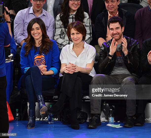 Emmy Rossum, Cheryl Rossum and Dylan McDermott attend the Boston Celtics vs New York Knicks game at Madison Square Garden on March 31, 2013 in New...