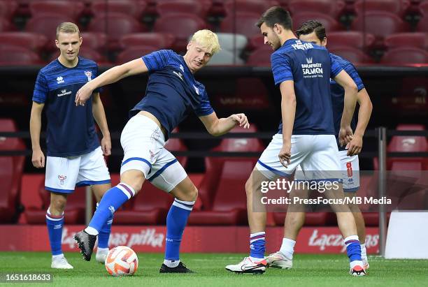 Andrias Edmundsson of Faroe Islands during warm up prior to the UEFA EURO 2024 European qualifier match between Poland and Faroe Islands at Stadion...