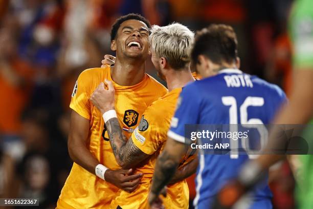 Cody Gakpo of Holland,. Wout Weghorst of Holland celebrates the 2-0, Lazaros Rota of Greece during the European Championship Qualifying match in...