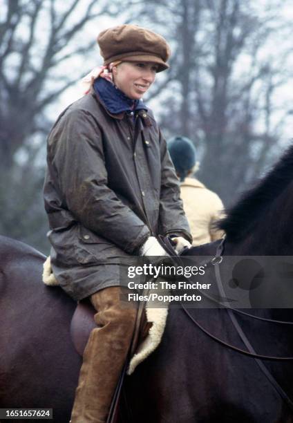 Princess Anne on horseback during the Badminton Horse Trials, circa April 1976.