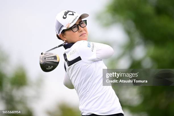 Sakura Yokomine of Japan hits her tee shot on the 2nd hole during the first round of GOLF5 Ladies at GOLF5 Country Bibai Course on September 1, 2023...