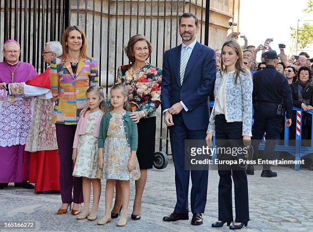 Princess Elena of Spain, Queen Sofia of Spain, Princess Sofia, Princess Leonor, Princess Letizia of Spain and Prince Felipe of Spain attend Easter...