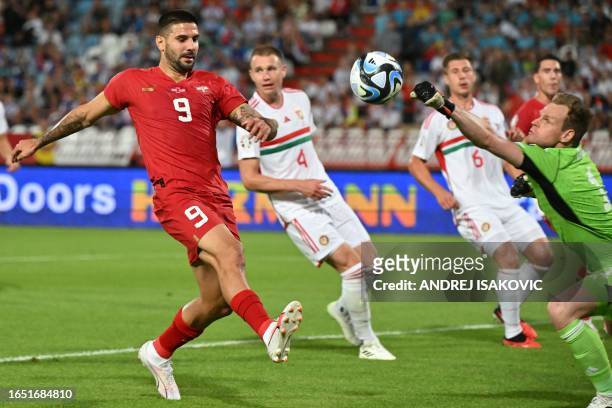 Hungary's goalkeeper Denes Dibusz kicks the ball in front of Serbia's forward Aleksandar Mitrovic during the UEFA Euro 2024 Group G qualification...