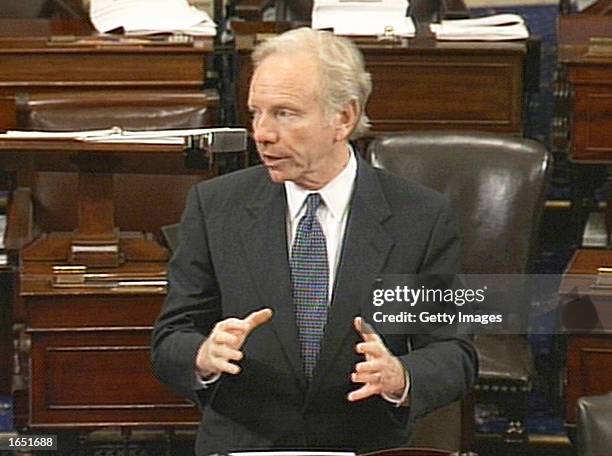 Senator Joseph Lieberman speaks before the Senate during debate on the Homeland Security bill on November 19, 2002 in Washington, D.C. In a vote of...