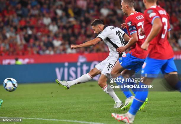 Albania's midfielder Nedim Bajrami scores during the UEFA Euro 2024 Group E qualification match between Czech Republic and Albania at the Fortuna...