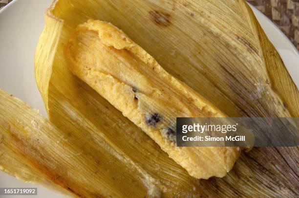 envuelto de maíz [steamed sweet corn, cheese and raisin tamale] on a plate - envuelto stock pictures, royalty-free photos & images