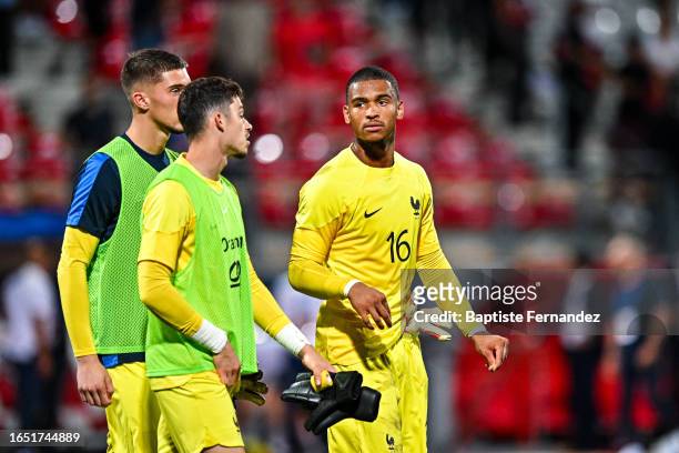 Guillaume RESTES of France, Lucas LAVALLEE of France and Robin RISSER BIRCKEL of France after the International Friendly U21 match between France and...