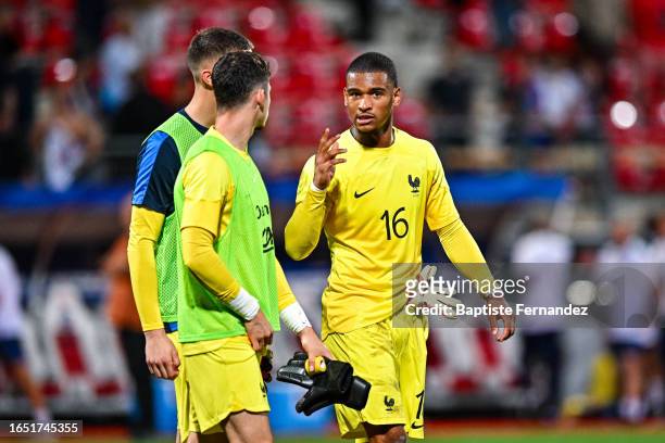 Guillaume RESTES of France, Lucas LAVALLEE of France and Robin RISSER BIRCKEL of France after the International Friendly U21 match between France and...