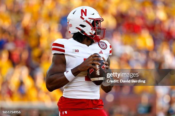 Jeff Sims of the Nebraska Cornhuskers looks to pass against the Minnesota Golden Gophers in the first half at Huntington Bank Stadium on August 31,...