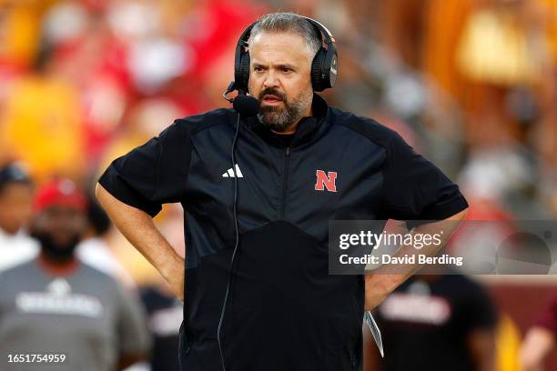 Head coach Matt Rhule of the Nebraska Cornhuskers looks on against the Minnesota Golden Gophers in the first half at Huntington Bank Stadium on...