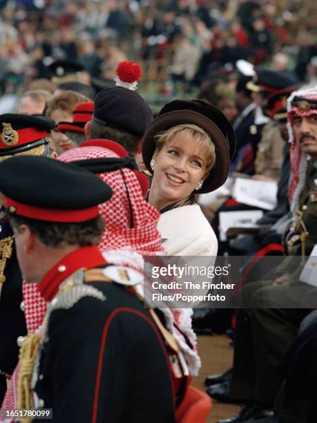 Queen Noor of Jordan attending the Sovereign's Passing-Out Parade at the Royal Military Academy Sandhurst on the 10th December 1999.