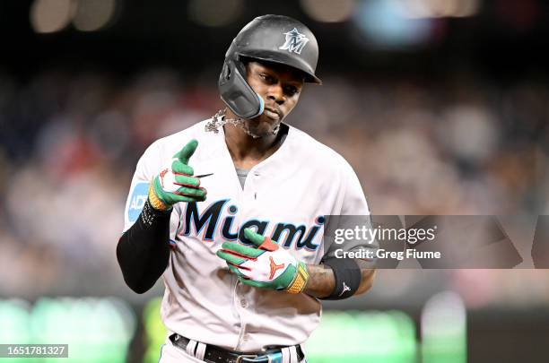 Jazz Chisholm Jr. #2 of the Miami Marlins celebrates after hitting a three-run home run in the fifth inning against the Washington Nationals at...