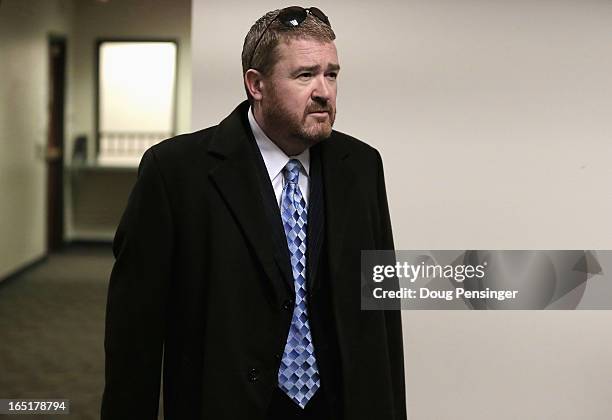 Daniel King, defense attorney for Aurora theater shooting suspect James Holmes, arrives at the courtroom for a hearing in the Arapahoe County Justice...