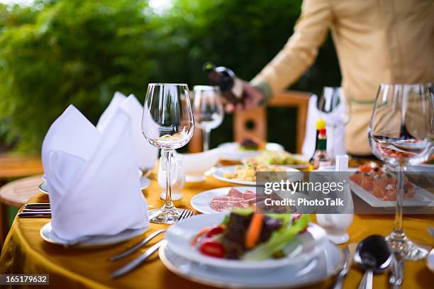 banquet and dinner party - gourmet seafood dinner stock pictures, royalty-free photos & images