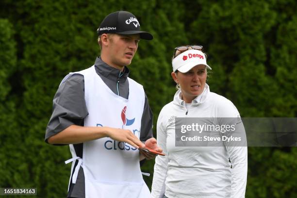 Nanna Koerstz Madsen of Denmark speaks to her caddie on the eighth tee during the first round of the Portland Classic at Columbia Edgewater Country...