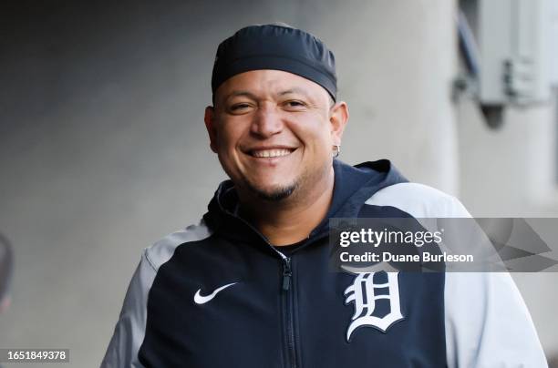 Miguel Cabrera of the Detroit Tigers smiles in the dugout during a game against the New York Yankees at Comerica Park on August 30, 2023 in Detroit,...