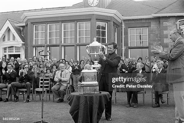 Richard L Siderowf of the United States receives the Walker Cup at the presentation ceremony during the final day of the 1979 Walker Cup Matches at...