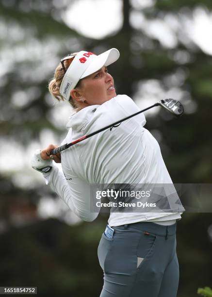 Nanna Koerstz Madsen of Denmark plays her shot from the 11th tee during the first round of the Portland Classic at Columbia Edgewater Country Club on...
