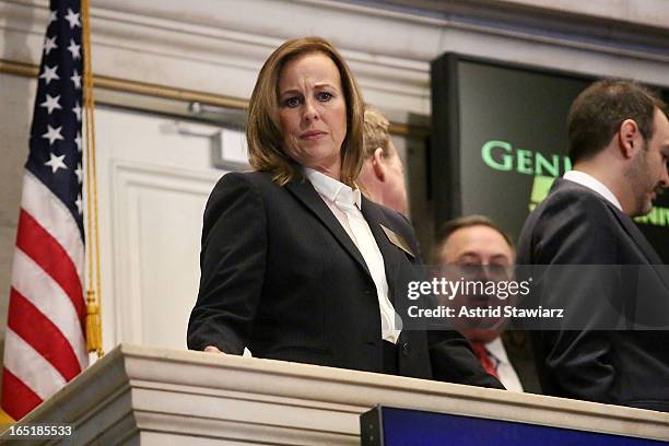 Actress Genie Francis of ABC's soap opera General Hospital rings the opening bell at the New York Stock Exchange on April 1, 2013 in New York City.