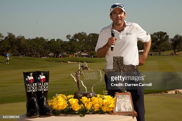 Ben Curtis addresses the crowd after winning the Valero Texas Open at the AT&T Oaks Course at TPC San Antonio on April 22, 2012 in San Antonio, Texas.