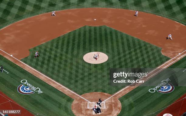 Stephen Strasburg of the Washington Nationals throws the first pitch of the game to batter Juan Pierre of the Miami Marlins during the first inning...