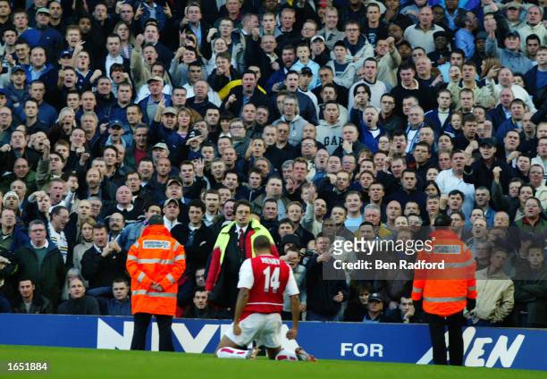 Thierry Henry of Arsenal celebrates his goal in front of the Tottenham Hotspur fans during the FA Barclaycard Premiership match between Arsenal and...