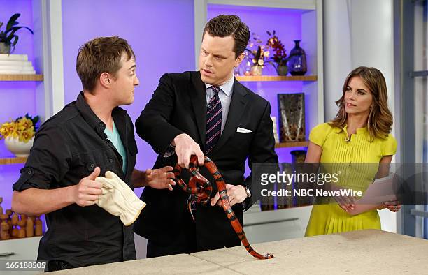 Corbin Maxley, Willie Geist and Natalie Morales with a milk snake appear on NBC News' "Today" show on April 1, 2013 --