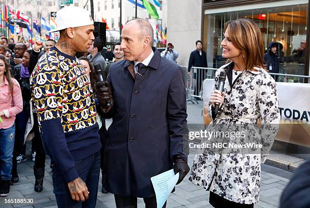 Singer Chris Brown, Matt Lauer and Savannah Guthrie appear on NBC News' "Today" show on April 1, 2013 --