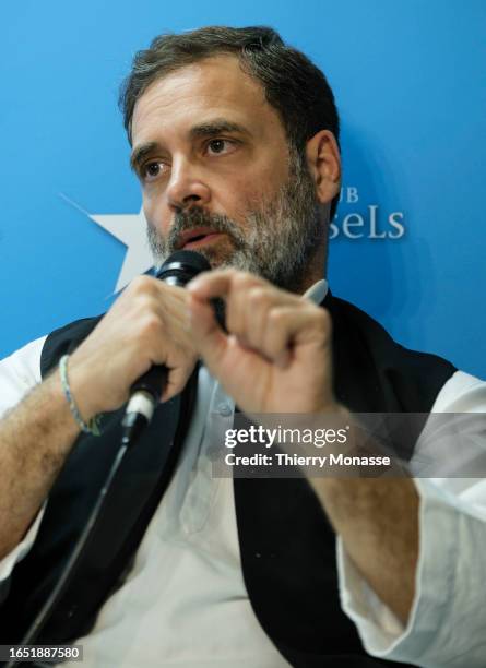 Indian Parliament member Rahul Gandhi attends a conference at the Brussels Press Club on September 7, 2023 in Brussels, Belgium. Gandhi is on a...