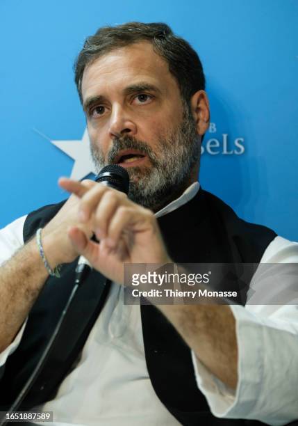 Indian Parliament member Rahul Gandhi attends a conference at the Brussels Press Club on September 7, 2023 in Brussels, Belgium. Gandhi is on a...