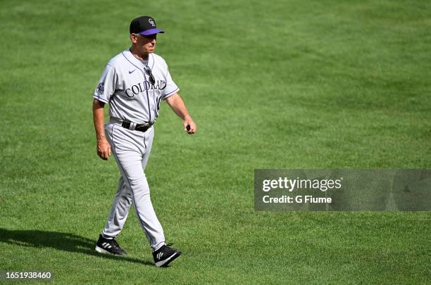 Manager Bud Black of the Colorado Rockies walks across the field during the game against the Baltimore Orioles at Oriole Park at Camden Yards on...