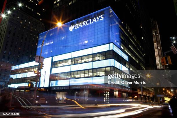 Nighttime view of Barclays Bank , New York, New York, January 8, 2013. Barclays acquired the building in September 2008 as a part of a liquidation of...