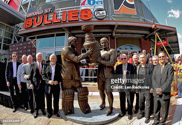Philadelphia Flyers legends Don Saleski, Orest Kindrachuk, Joe Kadlec, Chairman Ed Snider, Bernie Parent, Bob Clarke, Bob Kelly, Reggie Leach, Joe...