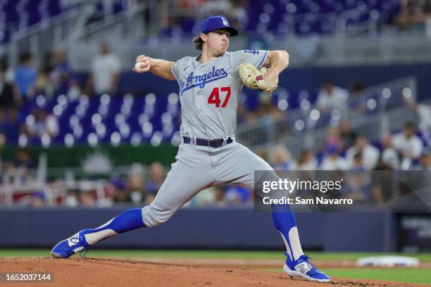 Ryan Pepiot of the Los Angeles Dodgers delivers a pitch against the Miami Marlins during the first inning at loanDepot park on September 7, 2023 in...