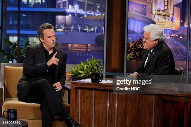 Episode 4435 -- Pictured: Actor Matthew Perry during an interview with host Jay Leno on April 1, 2013 --